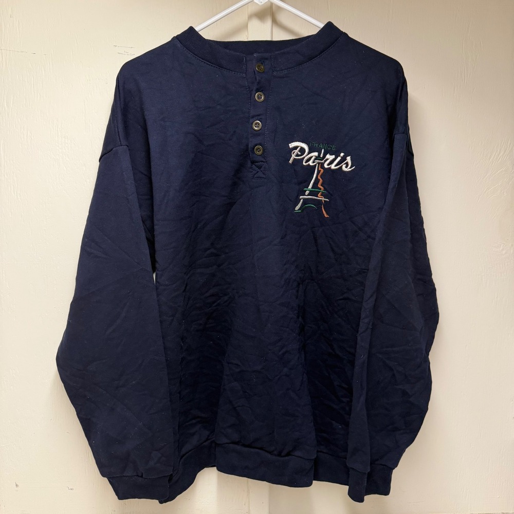 Vintage Paris France Henley Sweatshirt Navy Blue Heavyweight XL Embroidery